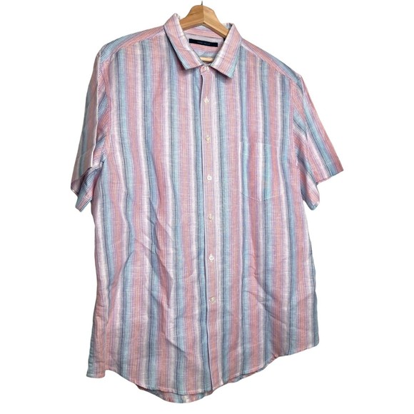 Perry Ellis Mens Short Sleeve Button up Shirt XXL Green and White linen casual - Picture 1 of 9